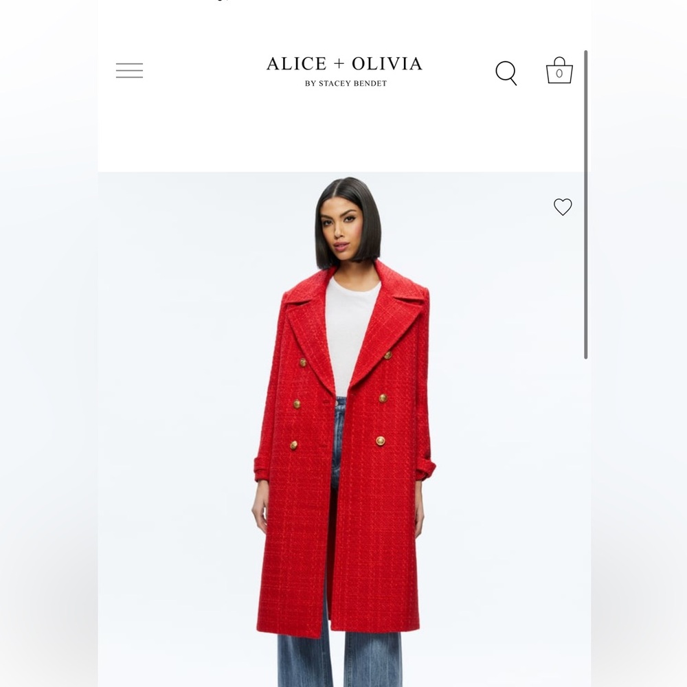 Alice + Olivia Vibrant Red Trench Coat with Gold Buttons